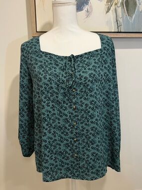 Square-Neck Teal Floral Button-Front Blouse